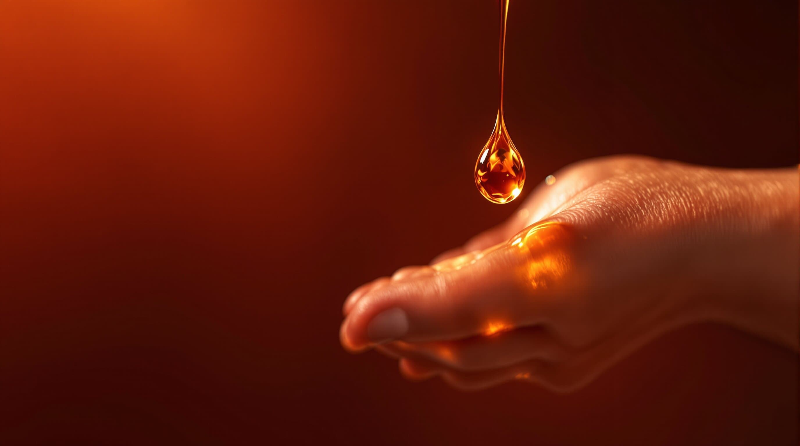A single drop of amber serum suspended in warm light